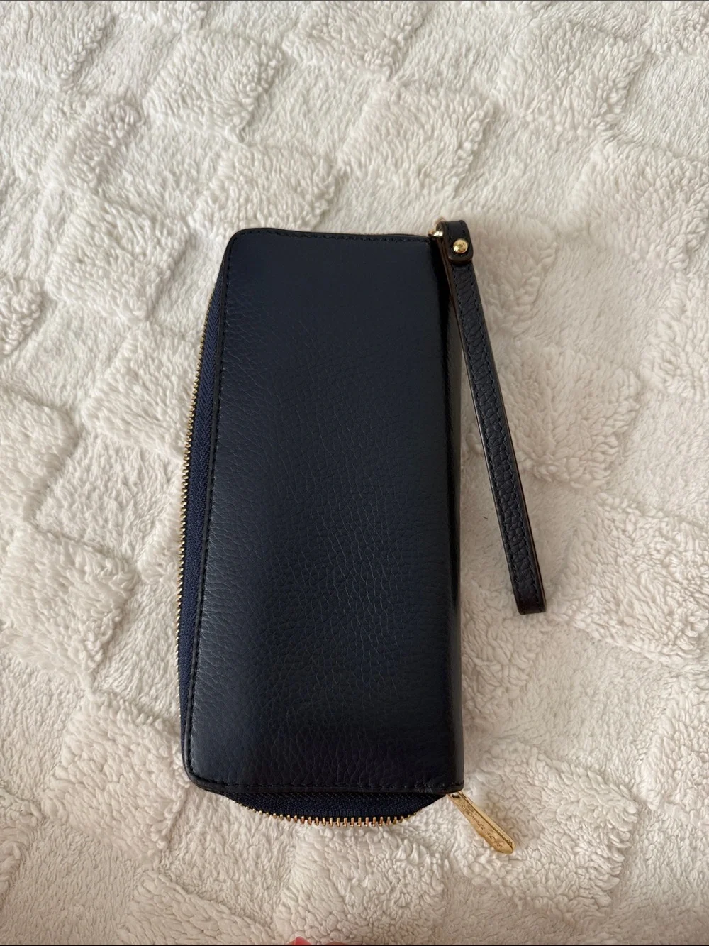 Michael Kors Navy Blue Pebbled Leather Zip Wristlet Wallet with Gold Logo